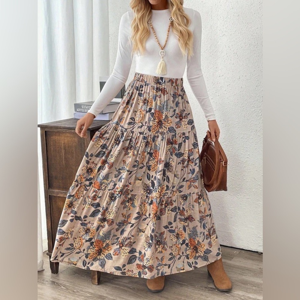 Boho Floral Tiered Maxi Skirt Cottagecore Elastic Waist Size XL Fairycore Earthy
